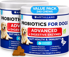 Artullano Probiotics for Dogs bottle with duck-flavored chews for gut support.