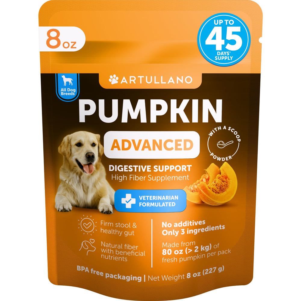 Artullano pumpkin powder for dogs bottle illustrating convenient digestive support