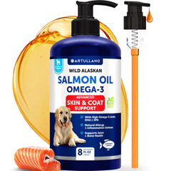 Artullano Salmon Oil for Dogs bottle pour shows easy dosing for joint and coat health.