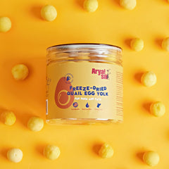 Arya Sit! freeze-dried quail yolk treat packaging close-up, no artificial ingredients.