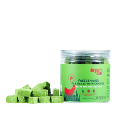 Arya Sit! freeze-dried cat grass with chicken bites in a jar showing premium packaging.