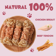 ASMPET chicken-wrapped beef tendon knots promote focused chewing sessions.