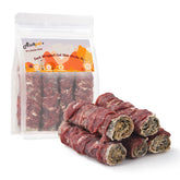 ASMPET dog cod skin treats in a resealable bag with duck wrapped sticks for easy snacks