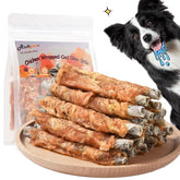 ASMPET dog cod skin treats packaging highlights premium ingredients and clear labeling.