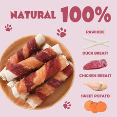 ASMPET bones with rawhide exterior and sweet potato inside for long-lasting chewing.