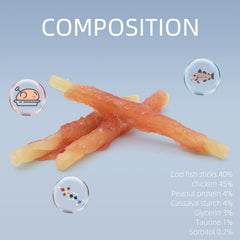 ASMPET dog treats on a floor scene emphasize dental care and chew satisfaction.