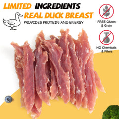 ASMPET duck jerky treats pack back highlights grain-free formula for digestion-friendly snacking