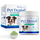 asusxcli dog dental powder bottle shows probiotic formula for fresh breath and clean teeth.