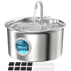 ATMZIQXR cat water fountain front view shows modern stainless design for easy hydration.