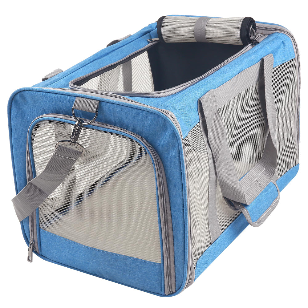 Atvobiy blue portable cat carrier front view for travel with cats