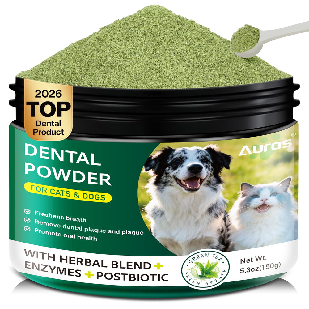 AUROS dog dental powder bottle shows convenient at-home dental care and fresh breath.