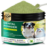AUROS dog dental powder bottle shows convenient at-home dental care and fresh breath.