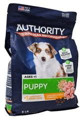 Authority Puppy Chicken and Rice dry dog food with real deboned chicken for tasty nutrition.