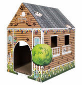 AVXINSOK cardboard cat house front view with scratch pad for cozy indoor play
