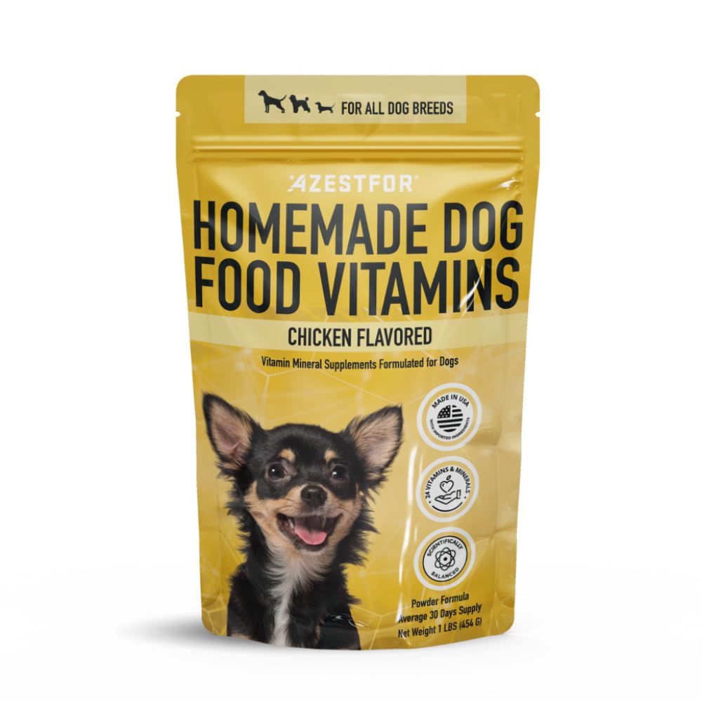 Azestfor homemade dog food supplement tub — ready-to-mix vitamin blend for holistic meals.