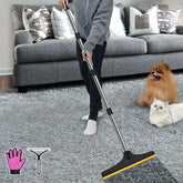 B-Land carpet rake with 60-inch handle removes embedded pet hair from rugs.