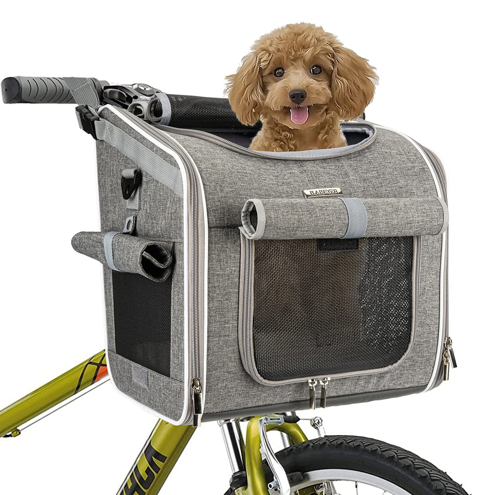 BABEYER Dog Bike Basket front view with secure harness attachment for safe rides.