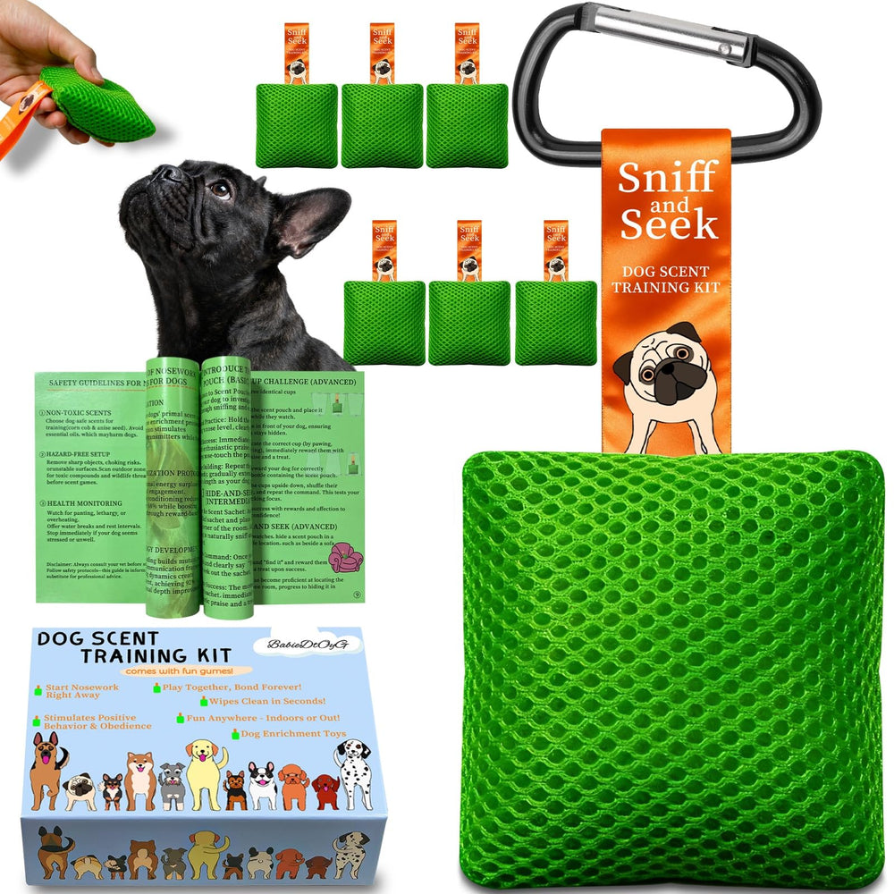 BabieDtOyG dog scent training kit packaging highlights beginner-friendly setup and bonding moments.