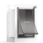 Baboni pet door on wall with steel frame and telescoping tunnel for versatile installation.