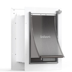 Baboni pet door on wall with steel frame and telescoping tunnel for versatile installation.