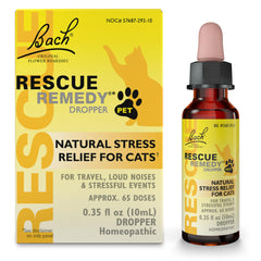 Bach Rescue Remedy Cat Dropper bottle close-up showing calming flower essences for pets.
