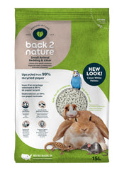 Back-2-Nature small animal bedding pellets in a 15L bag for absorbent, easy maintenance.