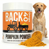Back 40 Dogs pumpkin powder bottle shows a fiber-rich topper for healthy meals