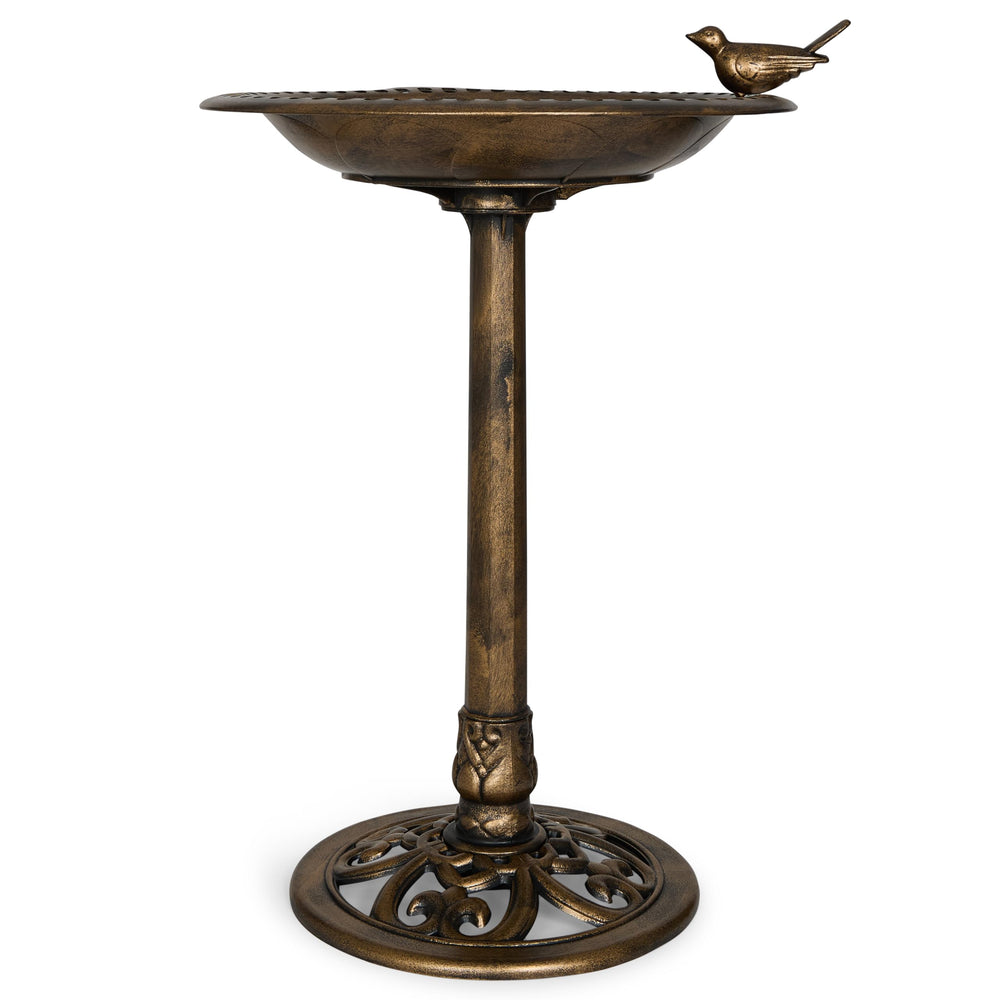Backyard Expressions resin bird bath with bronze finish, perched bird, ideal for attracting garden visitors.
