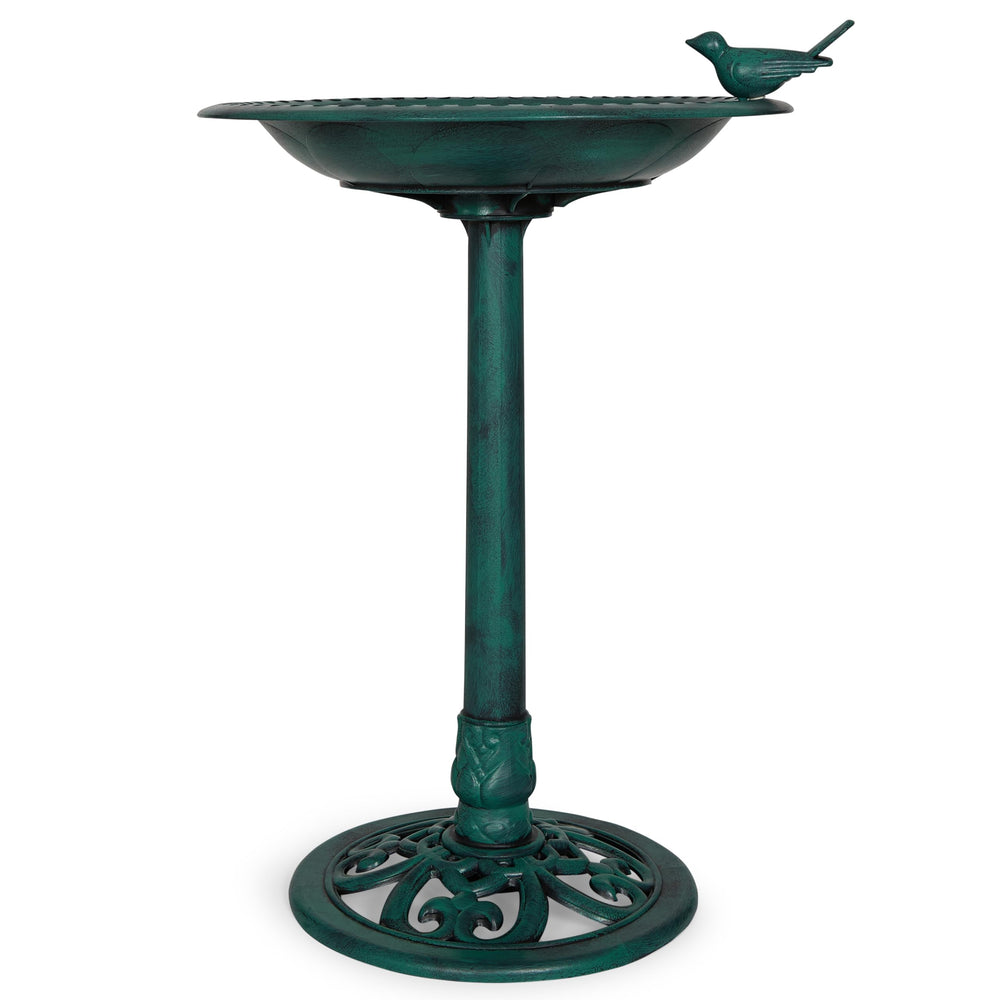 Backyard Expressions birdbath in green, front view, attracts birds and enhances outdoor ambiance.