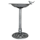 Backyard Expressions silver bird bath attracts garden birds and enhances outdoor scenery.