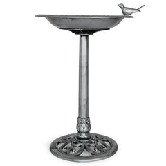 Backyard Expressions silver bird bath attracts garden birds and enhances outdoor scenery.