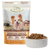 BADLANDS RANCH bag beside bowl shows complete air-dried formula for daily meals.