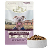 BADLANDS RANCH bag closeup highlighting air-dried nutrition for dogs.