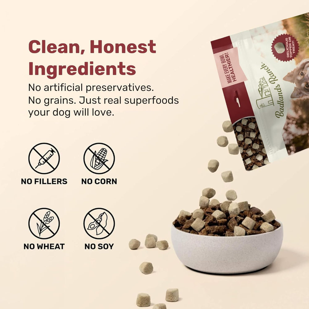 BADLANDS RANCH nuggets poured over kibble to boost meal appeal
