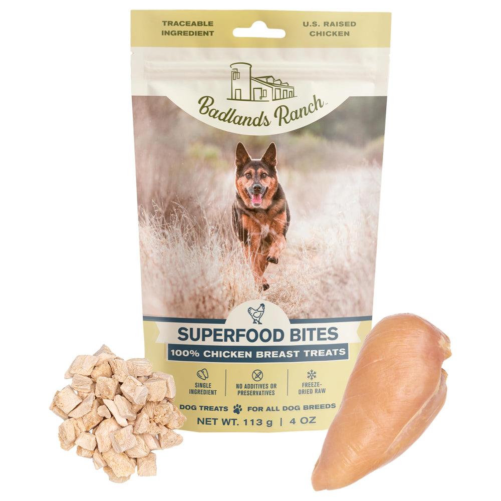 BADLANDS RANCH packaging with label signals premium, single-ingredient dog treats.