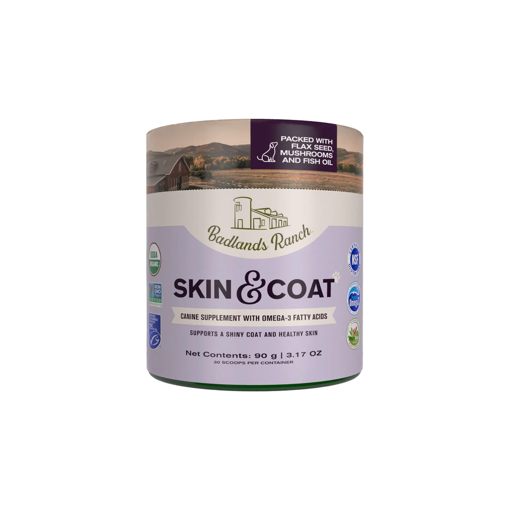 Badlands Ranch Skin & Coat supplement bottle pour promotes omega-3 nourishment for joints.