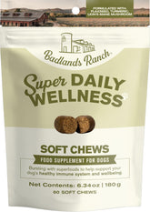 Badlands Ranch Super Daily Wellness Soft Chews in a jar for dogs' daily vitality.