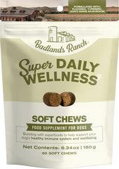 Badlands Ranch Super Daily Wellness Soft Chews in a jar for dogs' daily vitality.