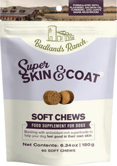 Badlands Ranch Super Skin & Coat soft chews bottle front view for dogs' coat shine.
