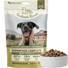 BADLANDS RANCH air-dried beef dog food bag showing premium protein for daily energy