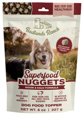 BADLANDS RANCH Superfood Nuggets in bowl with bison-kale formula, protein-rich topping