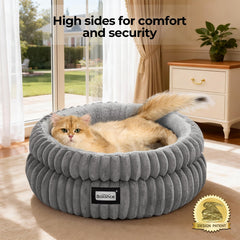 BALANCE cat bed round side view highlighting supportive edge for neck comfort