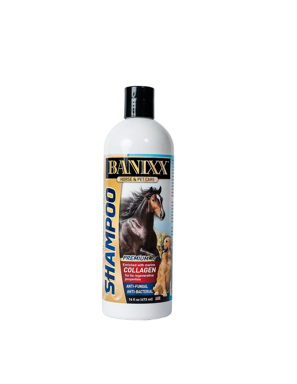 BANIXX medicated shampoo bottle with marine collagen for healthier, glossy coats.
