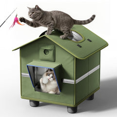 Banxye Outdoor Cat House with elevated base provides dry, comfortable shelter.