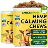 BARK&SPARK Calming Hemp Treats packaging showcases USA-made soothing benefits during storms.