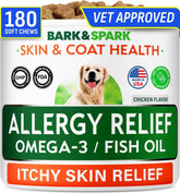 BARK&SPARK allergy relief chews jar label supports daily itchy-skin comfort.