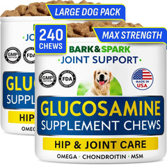 BARK&SPARK glucosamine chondroitin chews for hip joints, bacon flavor.