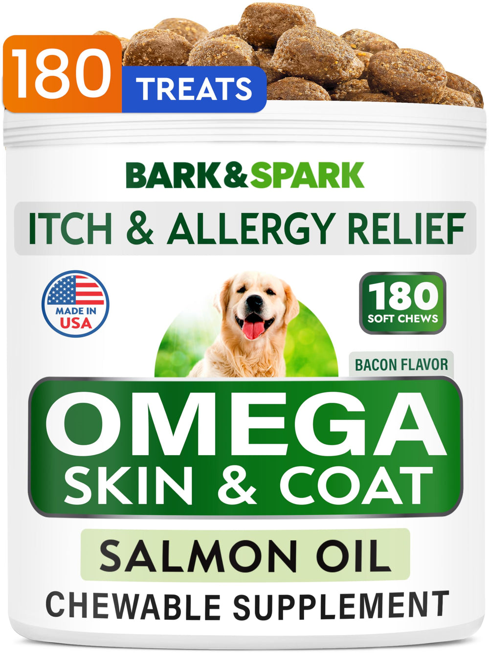 BARK&SPARK Omega-3 treats in a jar for dogs and cats' healthy skin.