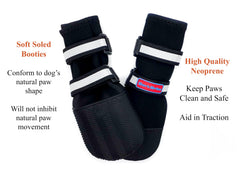 Bark Brite paw boots with reflective straps for 360-degree visibility.
