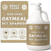 Bark & Clean oatmeal dog shampoo bottle demonstrates soothing formula for itchy skin.